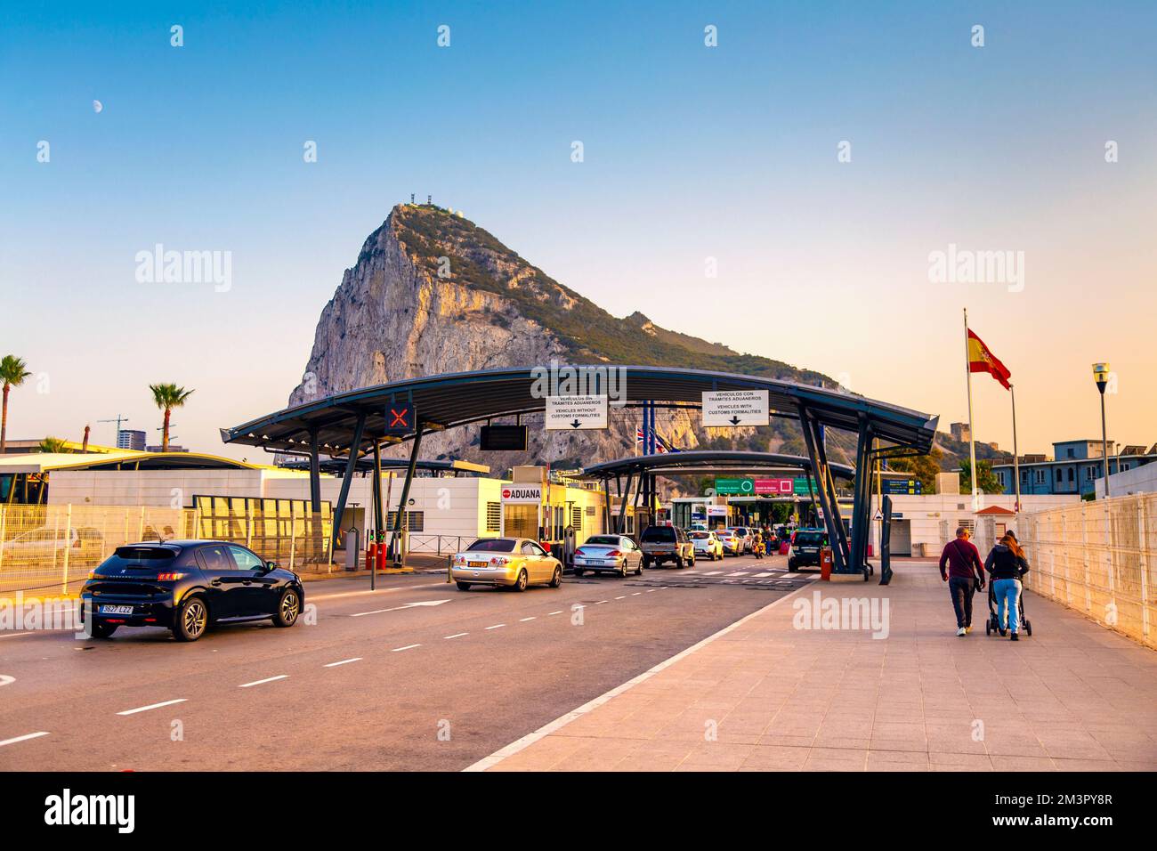 Spanish side of the Gibraltar border crossing with Rock of Gibraltar in