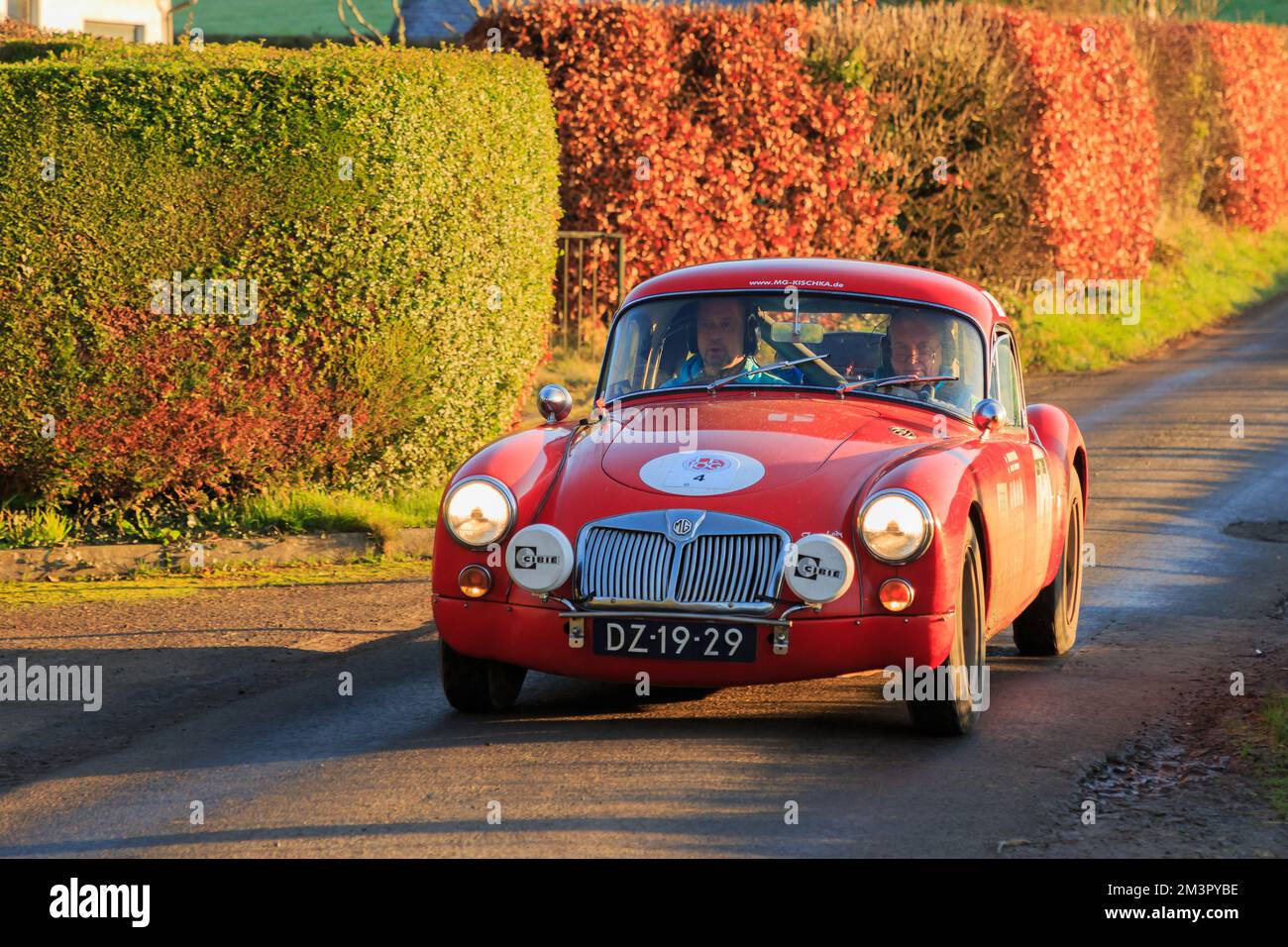 Middleshaw, Scotland December 05, 2022 1957 MG A Coupe car competing in the Hero Le Jog Land