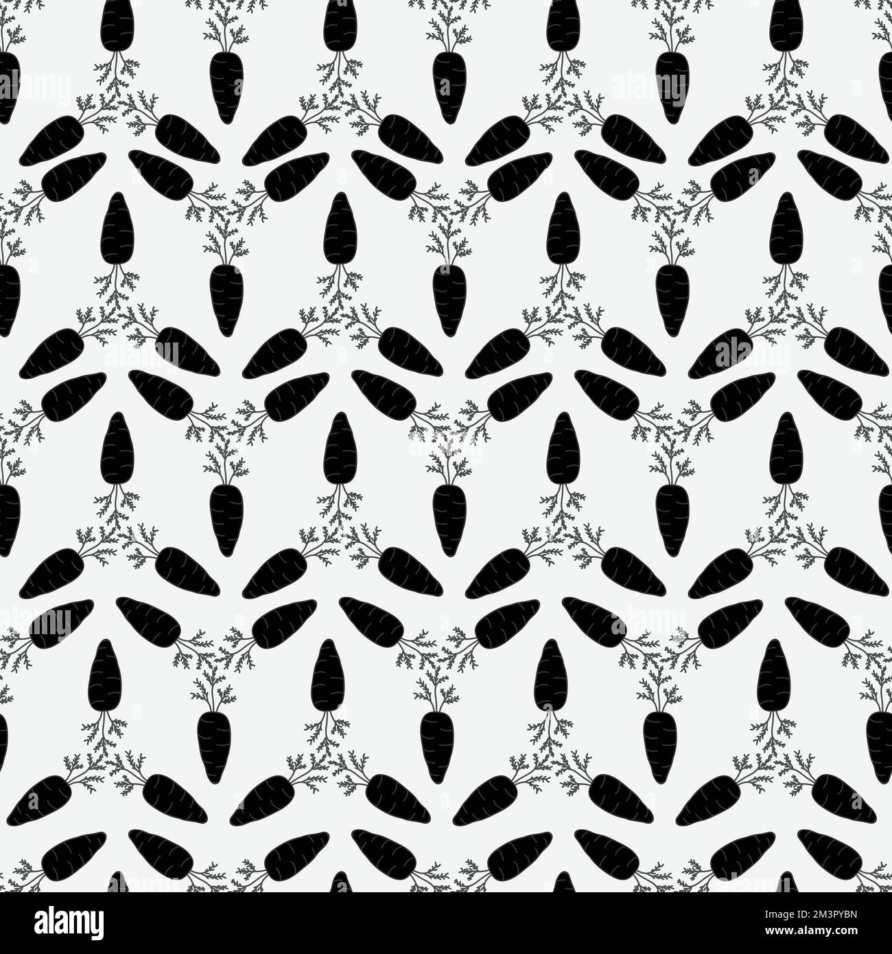 Black and white carrot silhouettes seamless pattern. Simple repeat vector illustration with carrot root with leaves. Perfect for textile fabric print. Stock Vector