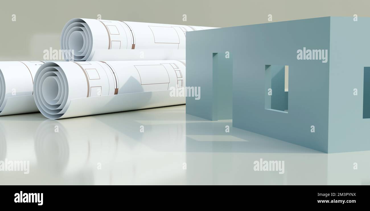 Architecture design drawings and building model, house construction concept. Blueprint floor plan rolls, close up view. 3d render Stock Photo