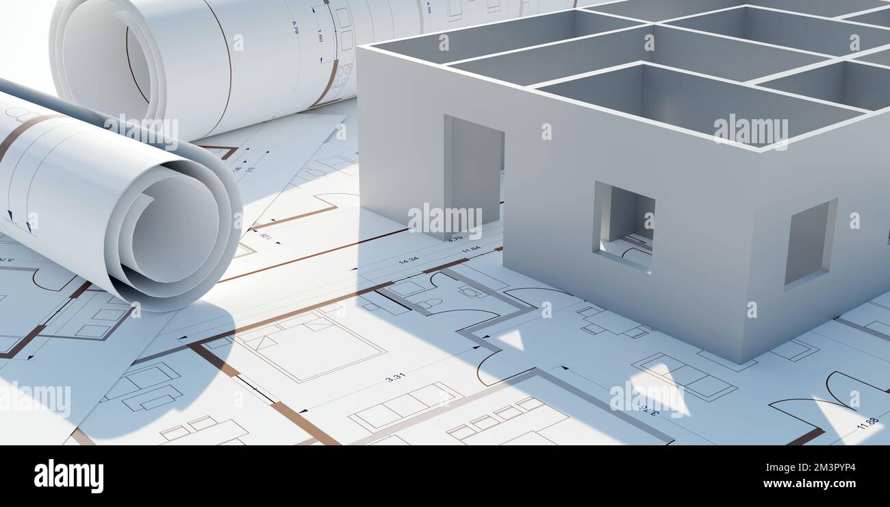 Architecture design drawings, building model on blueprint floor plan