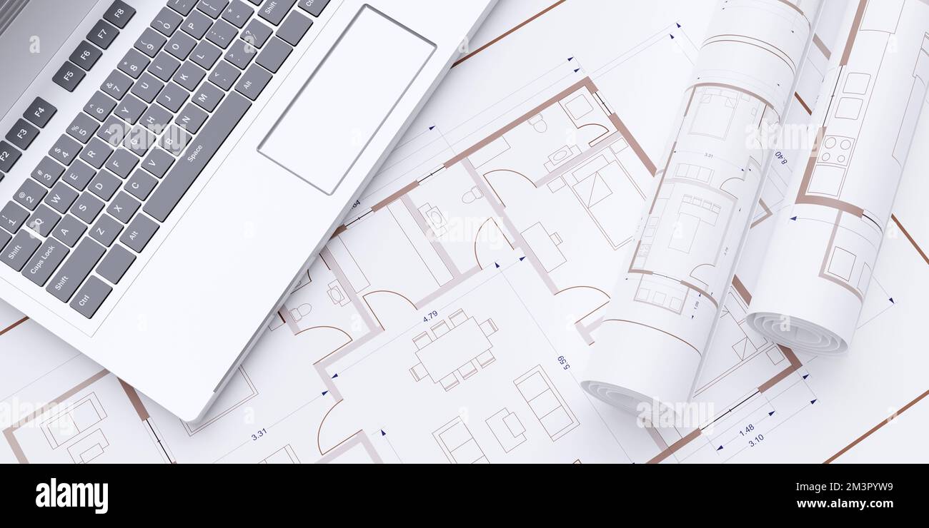 Architecture blueprint drawings and computer laptop, top view