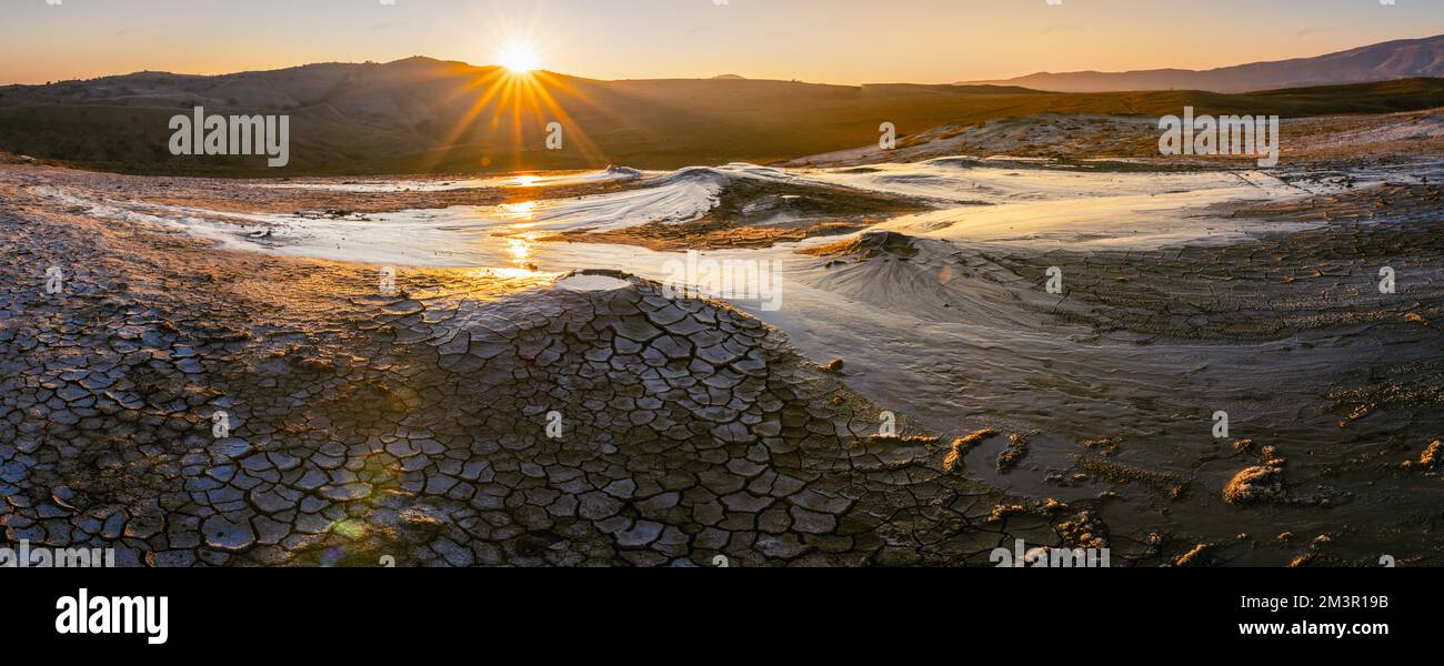 wide panoramic view of Mud volcanoes with stunning sunrise in Chahuna