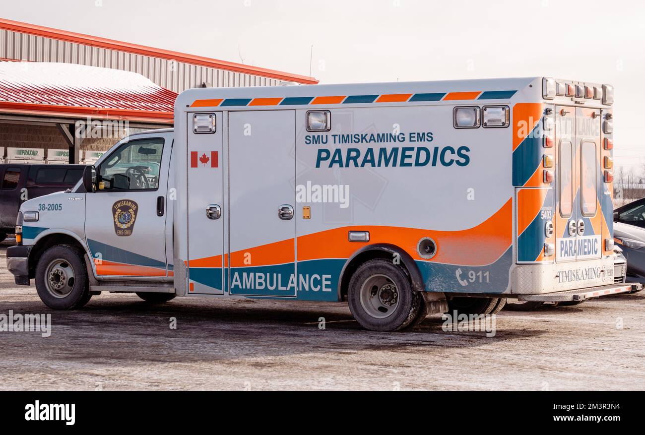 New Liskeard, Ontario, Canada - December 13, 2022 : A Timiskaming EMS Paramedics Ambulance in New Liskeard, Ontario. Stock Photo