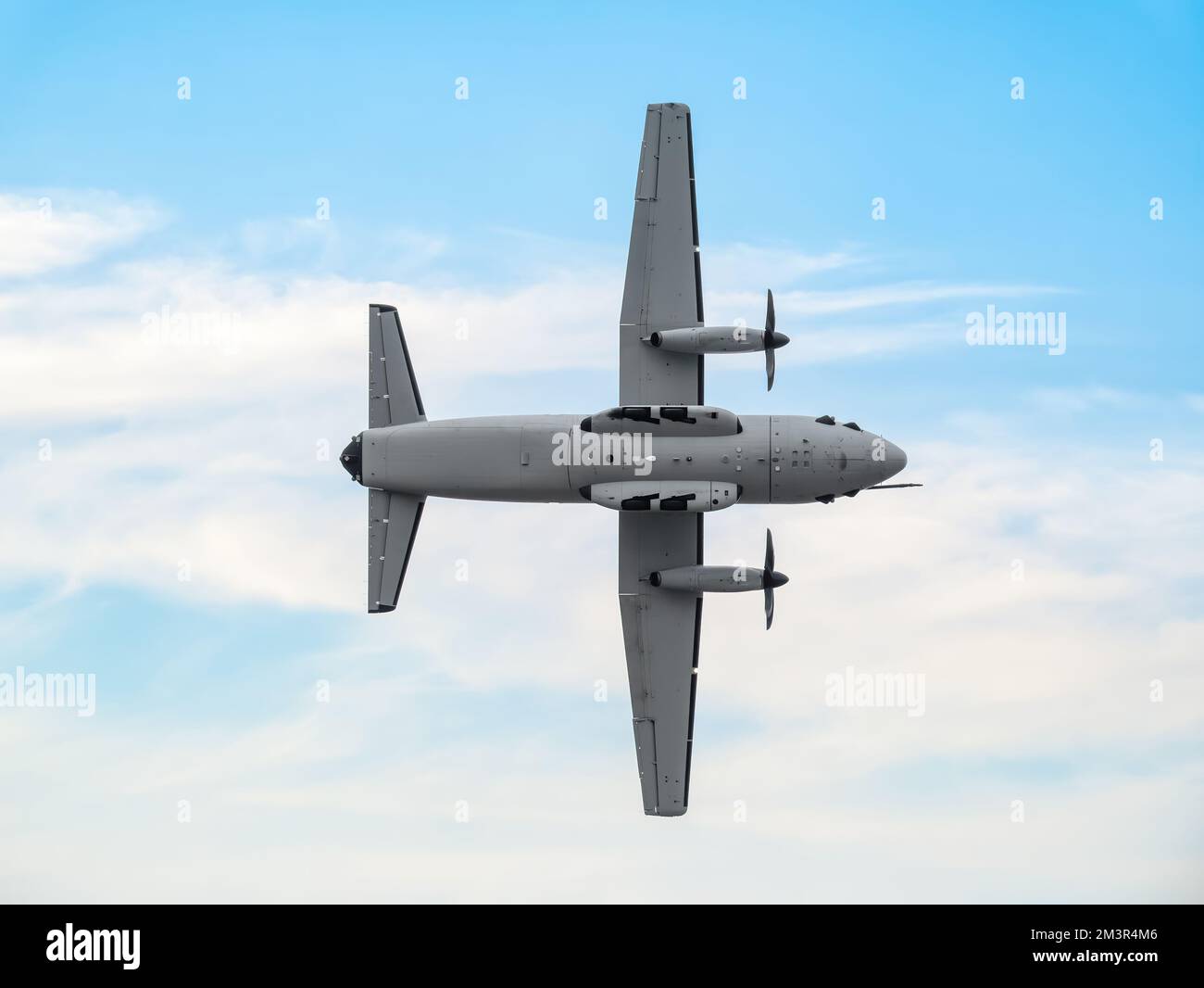 View with a military transport aircraft flying at Bucharest International Air Show. Stock Photo