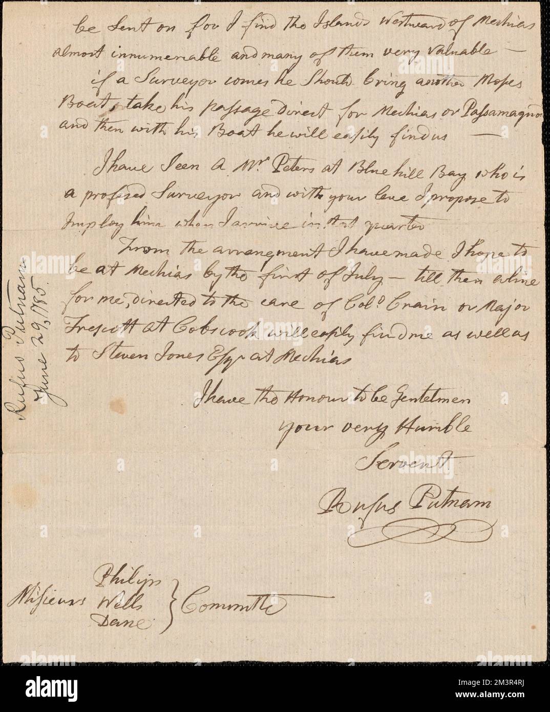 Rufus Putnam to Nathan Dane, Samuel Phillips, and Nathaniel Wells, 29 June 1785 , Public land sales, United States, Massachusetts, Politics and government, 1775-1865, Maine, Politics and government, 1775-1865, United States, History, Revolution, 1775-1783, Claims, Canada, Boundaries, United States Stock Photo