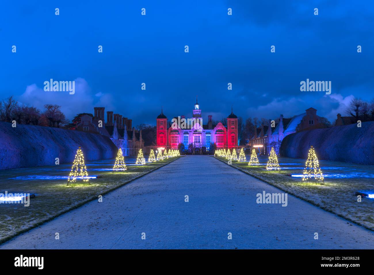 Blickling Hall stately home at Christmas with Christmas trees