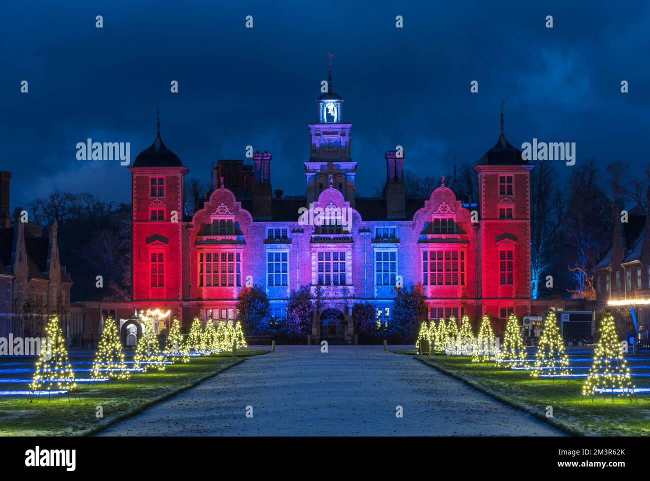 Blickling Hall stately home at Christmas with Christmas trees