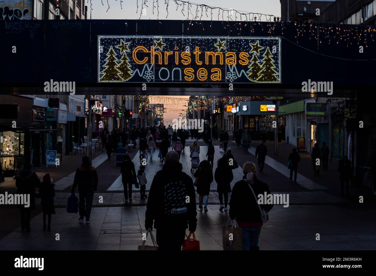 Christmas illuminations in Southend on Sea, Essex, UK, over the