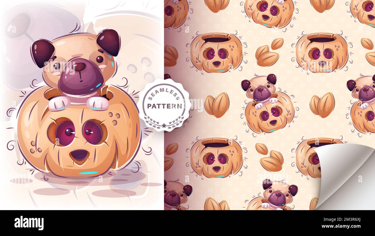 Halloween dog in pumpkin - seamless pattern Stock Vector
