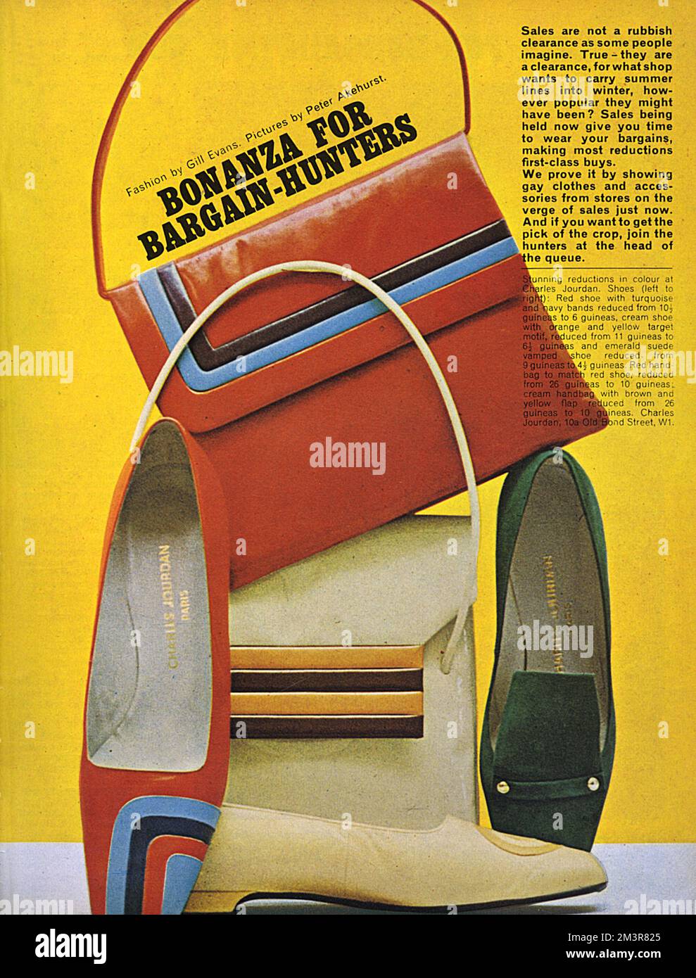 Brightly coloured shoes and bags by Charles Jourdan,     Date: 1966 Stock Photo