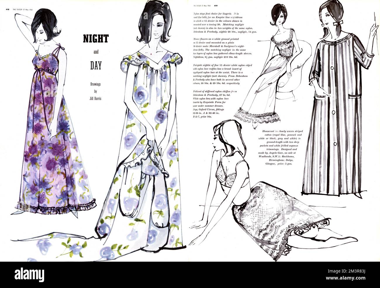 Night and day fashions from the 1960s. From left to right: A Debenham &amp; Freebody empire line nylon nightdress in which a 15 denier in the colours shown is mounted over a toning 30.  Marshall and Snelgrove's nightdress with mauve flowers on a white background.  Debenham &amp; Freebody petticoat of stiffened nylon chiffon and white nylon bra with lace inserts by Exquisite Forms.   Fairytale nightie from Debenham &amp; Freebody of fine 15 denier white nylon edged with nylon lace ruffles.  Housecoat in closely woven striped cotton, ground-length with two deep pockets and white frilled organza Stock Photo
