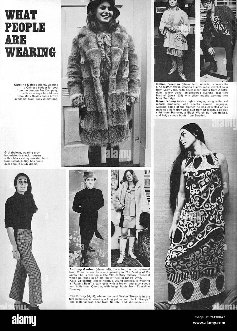 An article entitled 'What People are Wearing' which features a Chinese badger fur coat from the London Fur Company, houndstooth check trousers, and a long kanga dress.     Date: 1966 Stock Photo