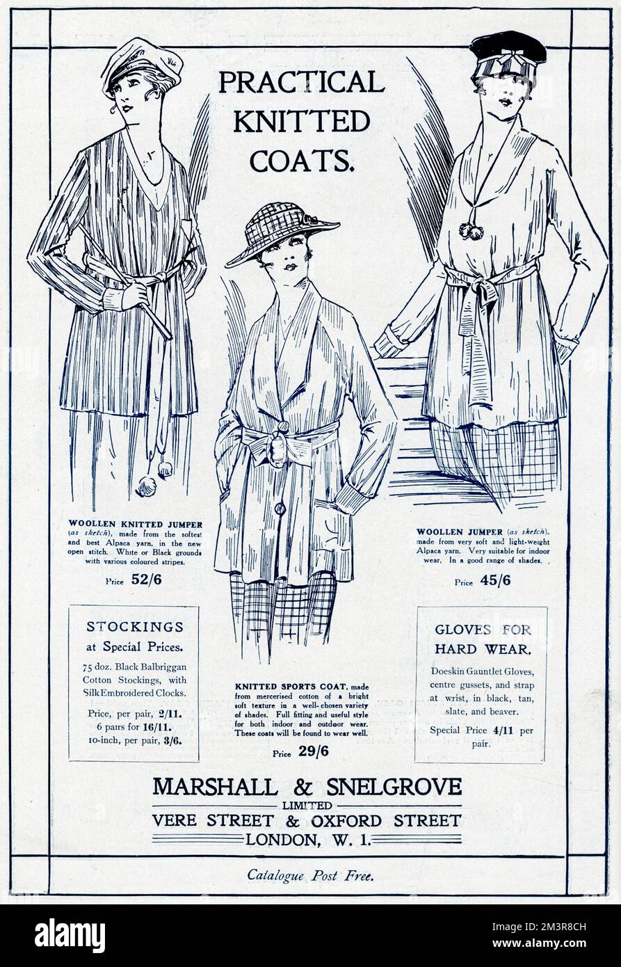 Three style practical knitted clothing, made from alpaca yarn.  1917 Stock Photo