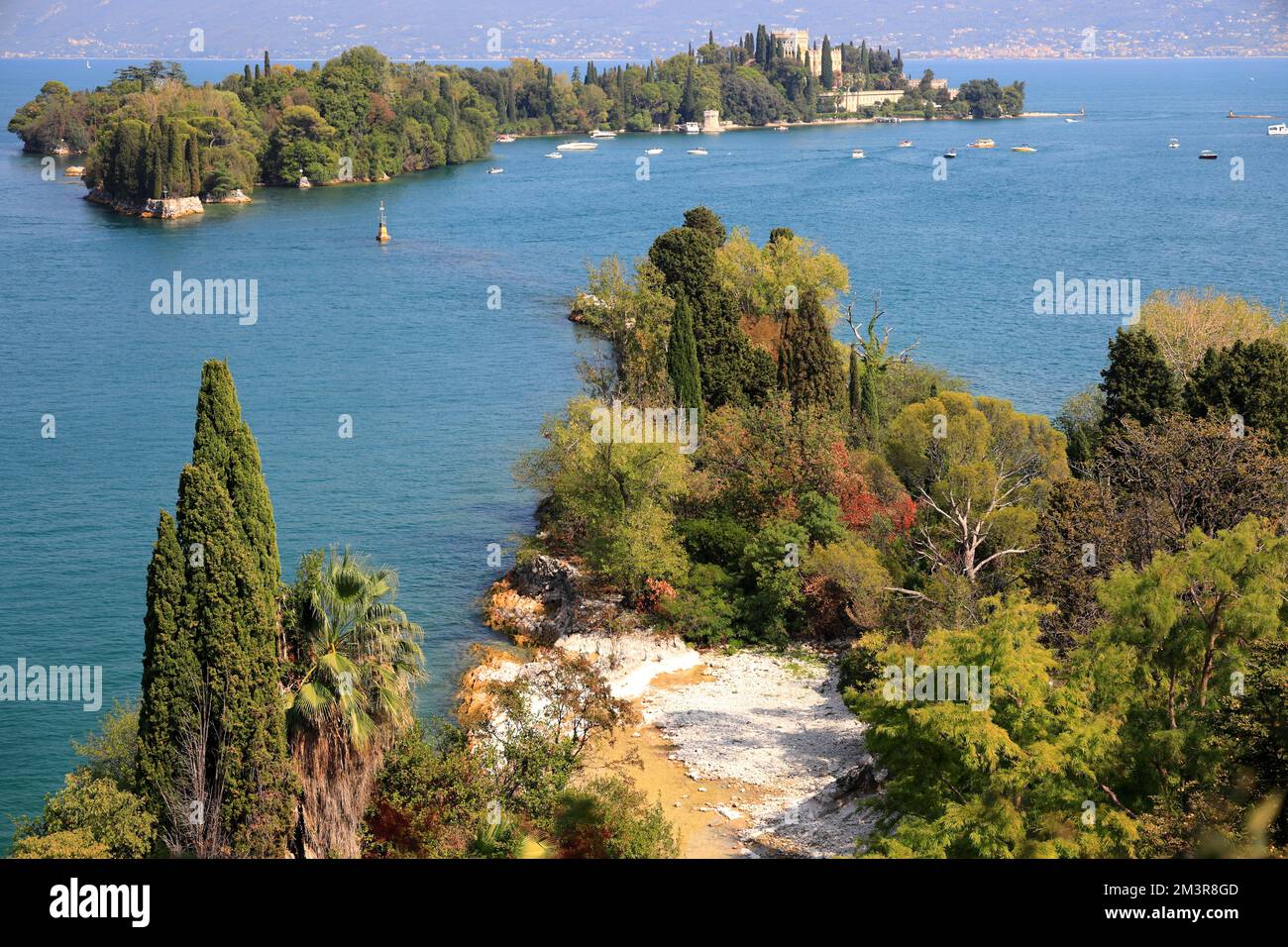 View from San Fermo to Island Garda (Isola del Garda). Italy, Europe. Stock Photo