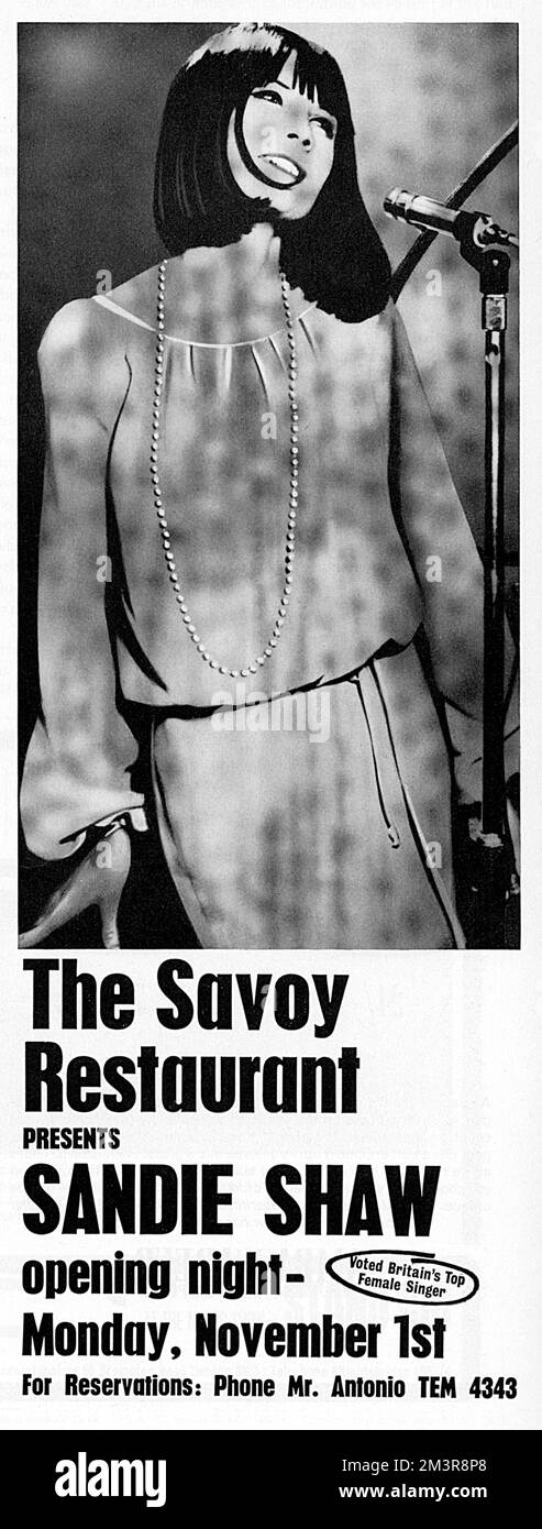 Advertisement in London Life magazine for singer Sandie Shaw, 'voted Britain's Top Female Singer' - performing at the Savoy Restaurant in 1965.     Date: 1965 Stock Photo