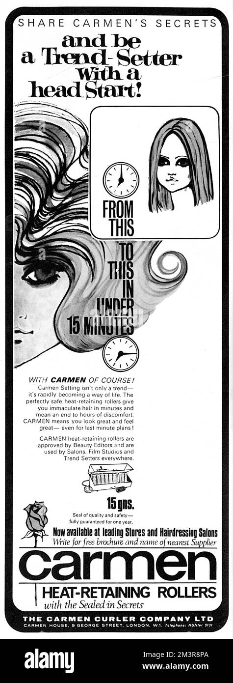 Advertisement for Carmen rollers which can transform your hair from flat to gloriously curly in just fifteen minutes.     Date: 1965 Stock Photo