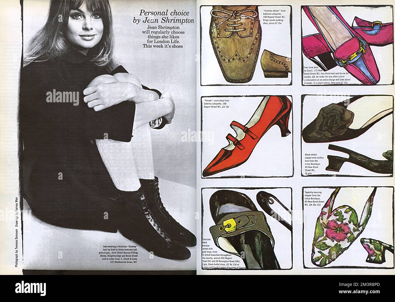 Spread from the short-lived but impossibly cool magazine, London Life, with a column by sixties supermodel Jean Shrimpton who regularly wrote about the clothes she liked.  This week, for the first issue, shoes including some Gucci two tone pumps (top right) and some Scholl sandals drawn by Barney Wan.  Seems Jean has just had to do a bit of shopping and not much writing!    1965 Stock Photo