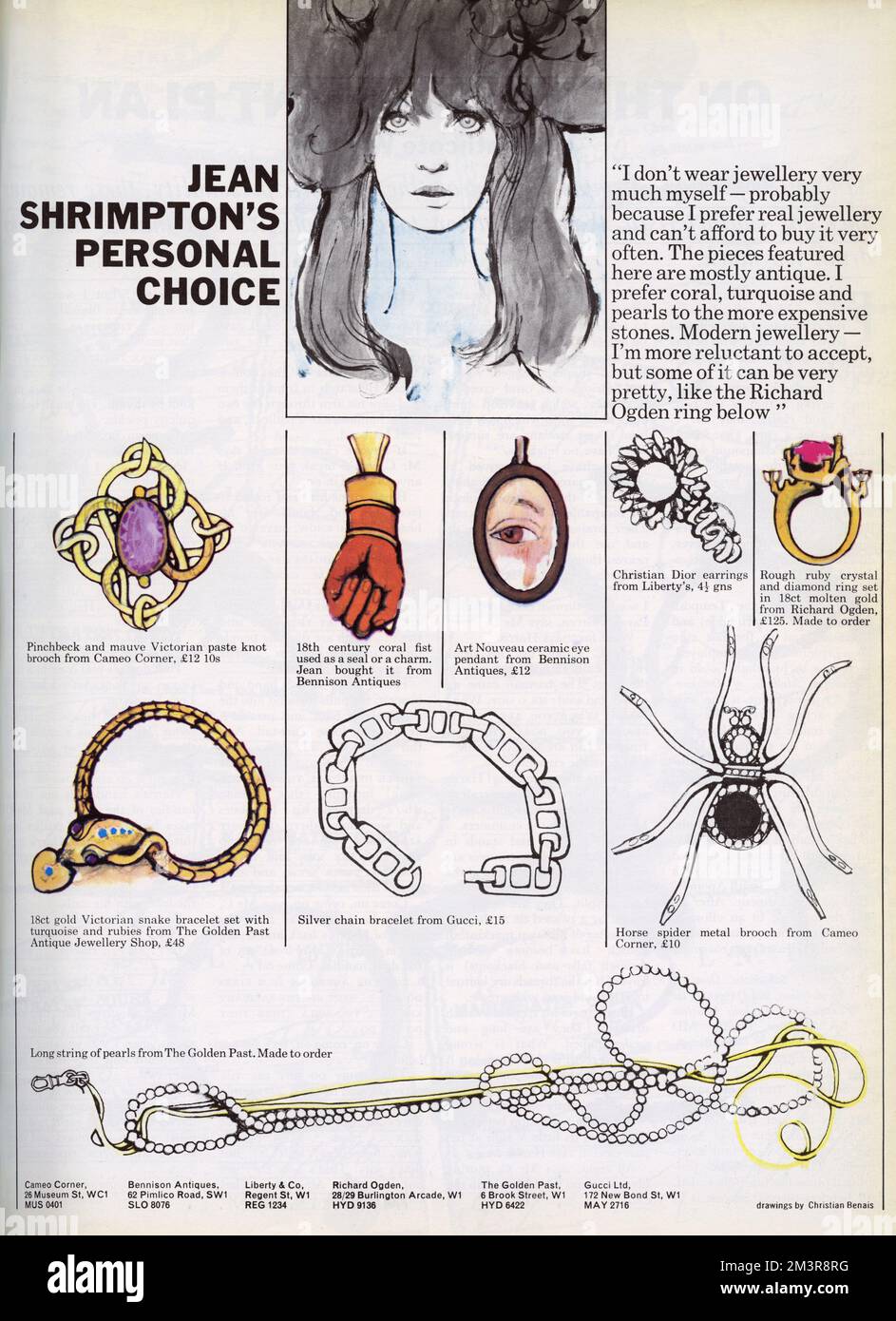 Page from London Life magazine featuring some jewellery suggestions by British model, Jean Shrimpton (whose portrait appears at the top of the page).  Jean chooses mainly antique pieces but also suggests a ruby and crystal ring by Richard Ogden.       Date: 1965 Stock Photo