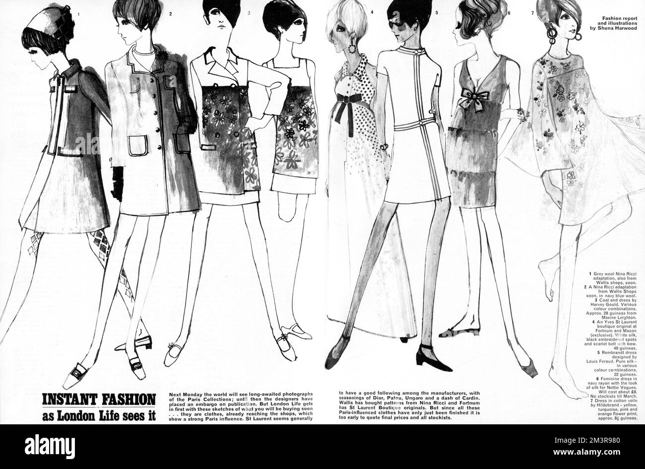 Fashion illustration by Shuna Harwood featuring dresses by Nina Ricci, Harvey Gould, Yves St Laurent, Louis Feraud and Hildebrand.     Date: 1966 Stock Photo