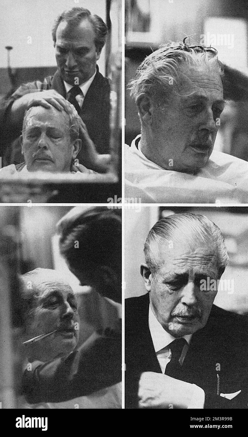 Set of photographs of Harold Macmillan at Toppers Barbers Shop in Bond Street.       Date: 1966 Stock Photo