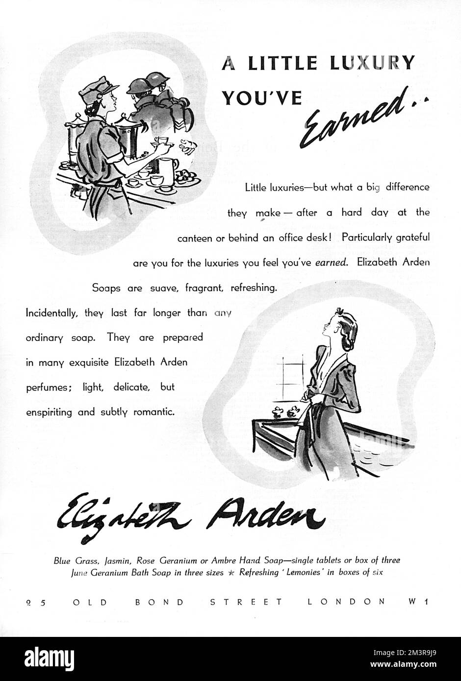 Advertisement for Elizabeth Arden Soaps. A little luxury a woman earned after a hard day during the Second World War. The advertisement reads: &quot;Little luxuries - but what a big difference they make - after a hard day at the canteen or behind an office desk! Particularly grateful are you for the luxuries you feel you've earned. Elizabeth Arden Soaps are suave, fragrant, refreshing. Incidentally, they last for longer than any ordinary soap. They are prepared in many exquisite Elizabeth Arden perfumes; light, delicate, but enspiriting and subtly romantic.&quot;     Date: 1940 Stock Photo