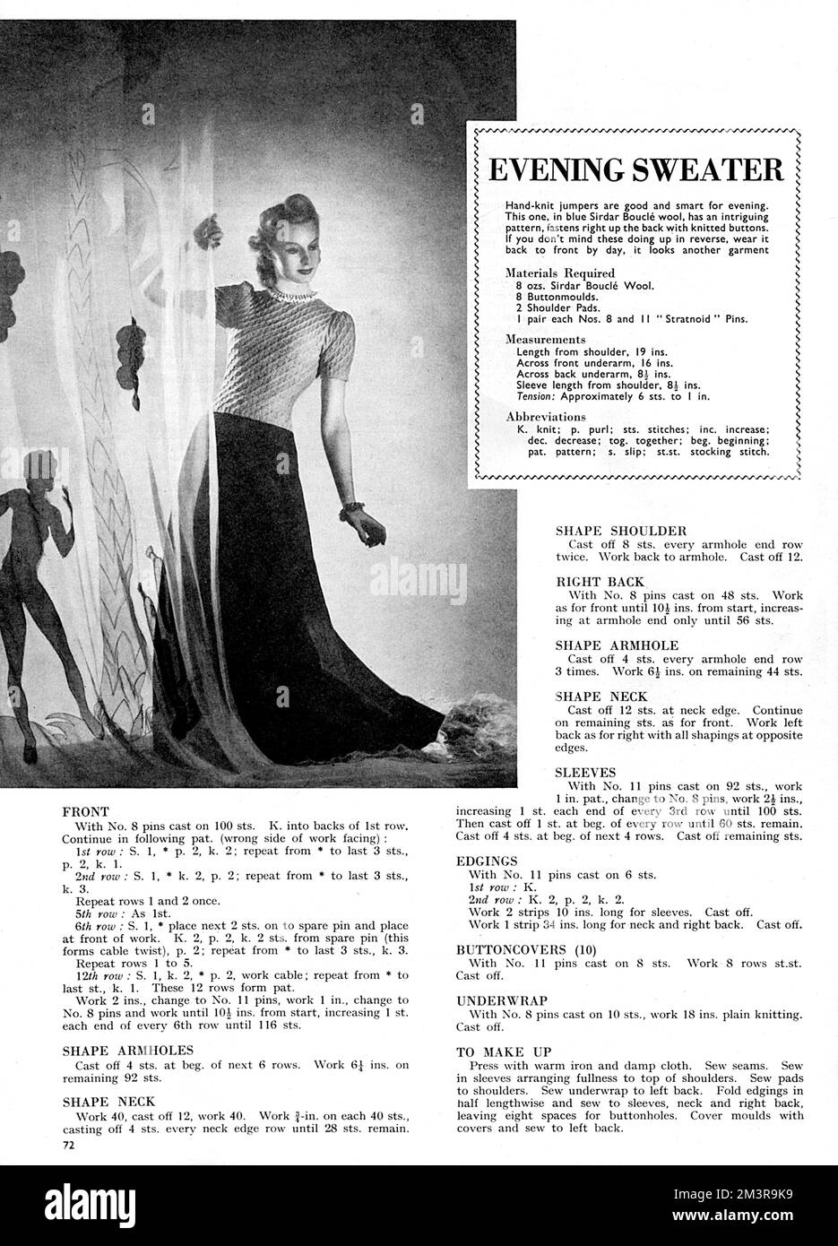 Page from Britannia and Eve, August 1939 instructing on how to knit an evening woollen sweater. The article provides all the information needed, such as the materials required, the measurement and the steps to knit it.     Date: 1939 Stock Photo