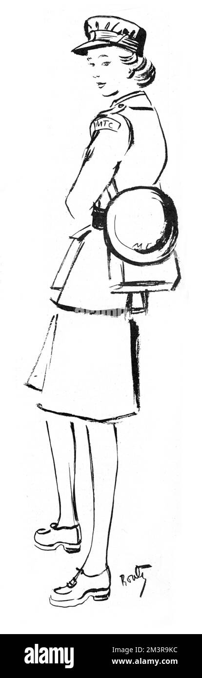 The line drawing depicts a member of the Mechanised Transport Corps, a voluntary civilian organisation for women who were unable to offer their services to the full-time women's auxiliary services. The MTC provided drivers for ambulances, government departments and other agencies.     Date: 1940 Stock Photo