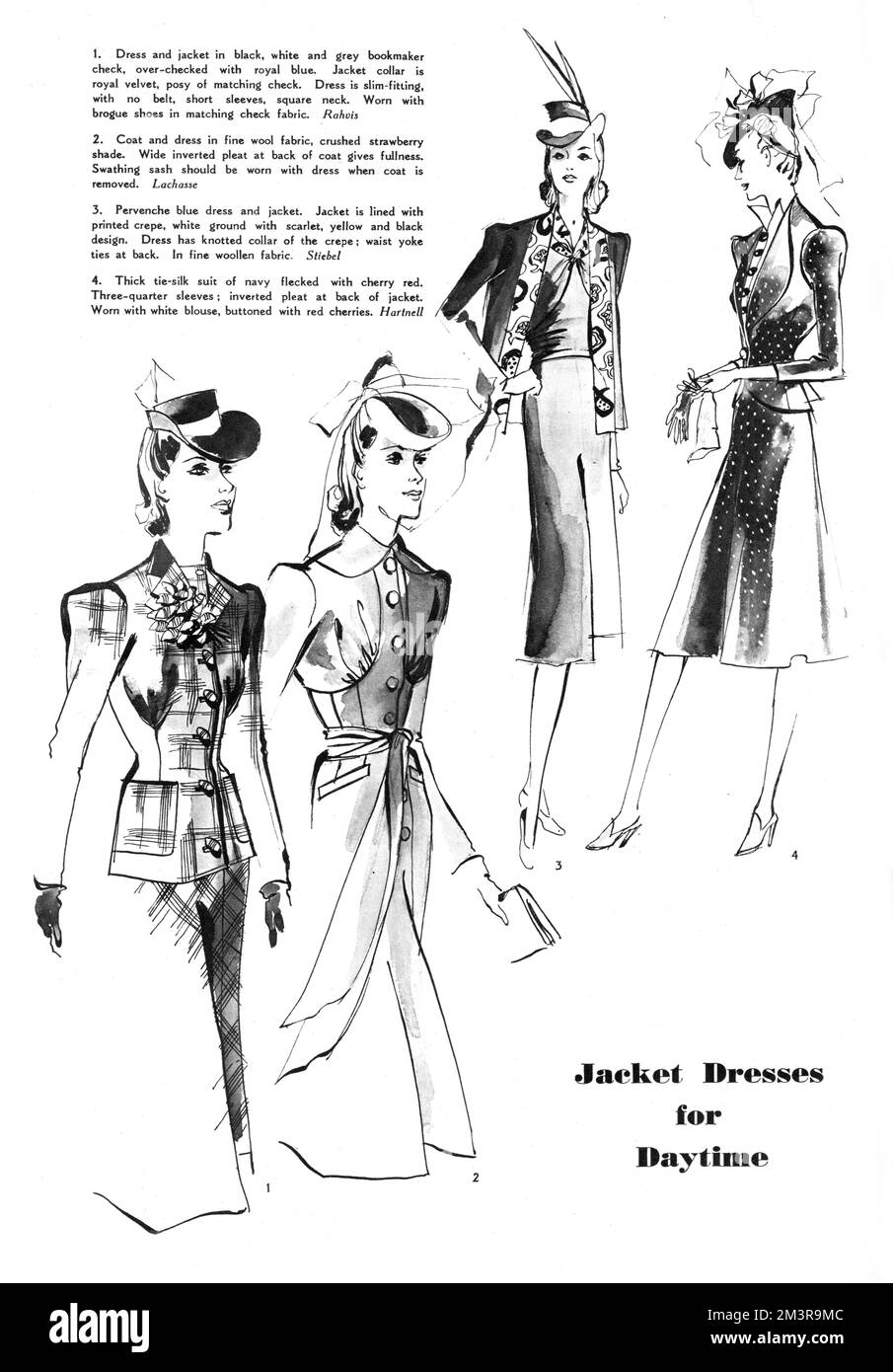 Fashion editorial for the forthcoming Spring embellished by four drawings of women wearing daytime jacket dresses designed by famous designers. The items reproduced include a slim-fitting dress and royal velvet jacket by Rahvis, a coat and dress in fine wool fabric by Lachasse, a woollen blue dress and jacket by Victor Stiebel and a thick tie-silk suit by Norman Hartnell.     Date: 1940 Stock Photo