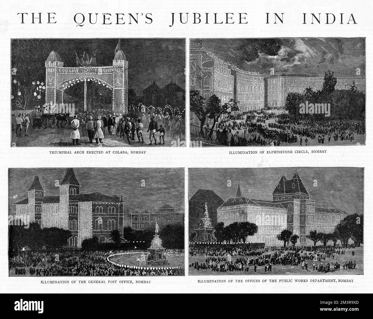 Mumbai - The Triumphal Arch at Colaba, The illuminations on the  Elphinstone Circle, the illuminations on the General Post Office and the illuminations on the Offices of the Public Works Department. Decorations to celebrate Queen Victoria's Golden Jubilee (celebrated in June 1887).     Date: 1887 Stock Photo