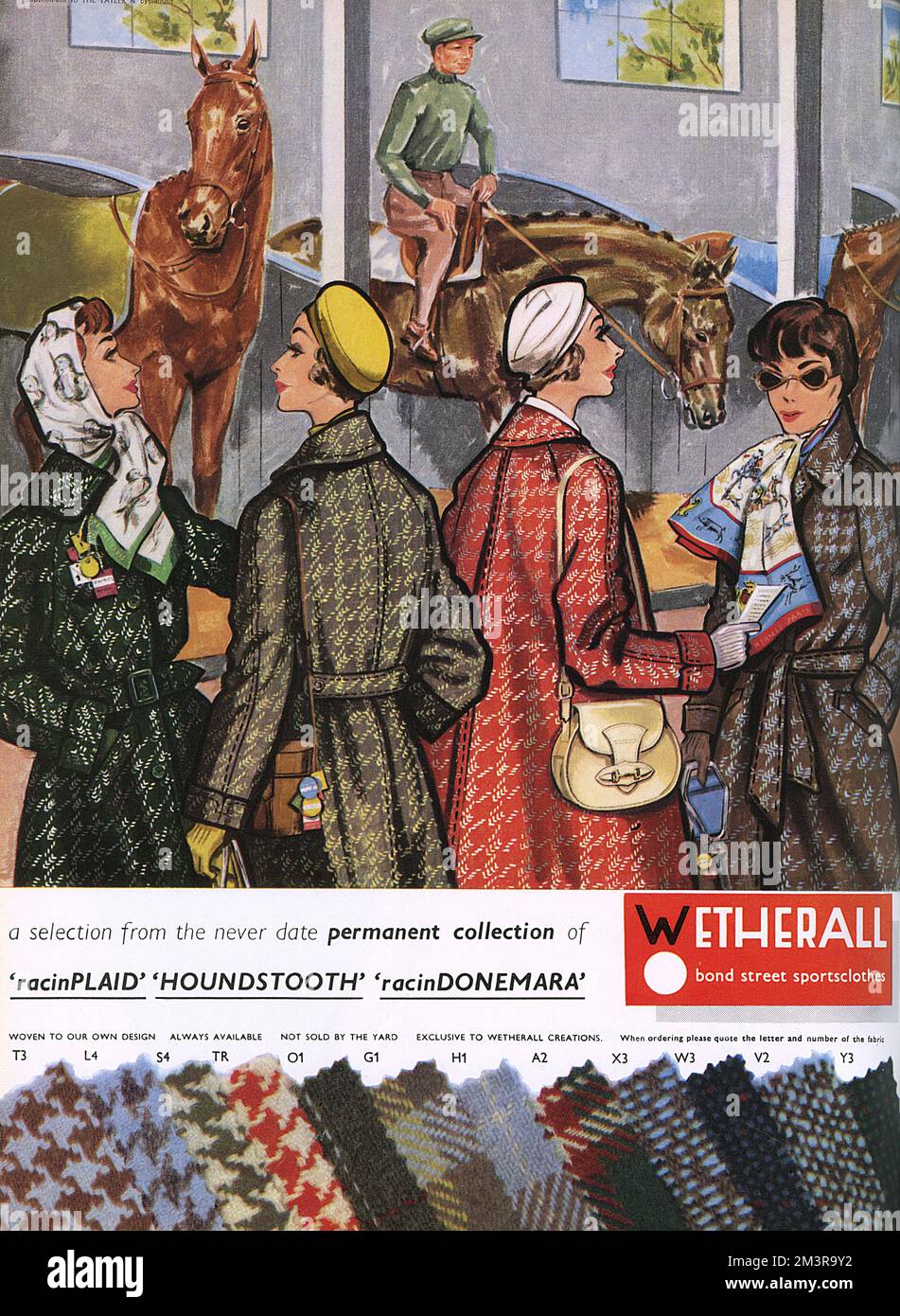 Advertisement for Wetherall coats in a variety of houndstooth and plaid patterns - just the thing to ensure elegance on a rainy day at the races.     Date: 1959 Stock Photo