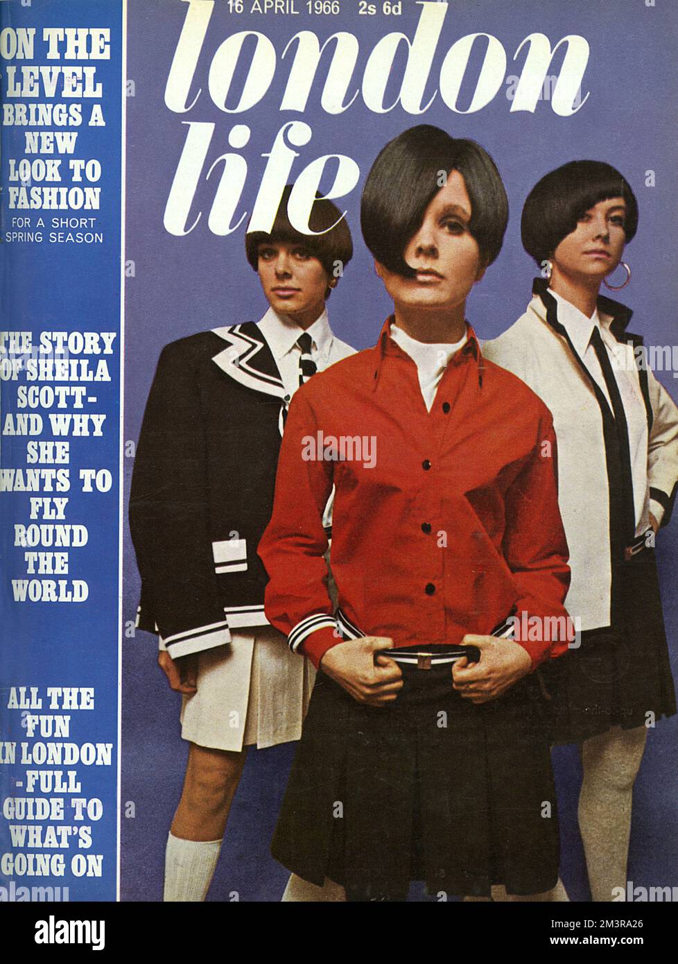 Front cover of London Life magazine showing three cast members from a new musical, On The Level (about a GCE scandal) which opened in London on 19 April 1966.  The costumes for the cast were designed by Malcolm Pride who wanted the schoolgirls to 'look swinging by day and naughty by night'.  Several of the costumes were manufactured as part of the autumn range at Lee Cecil and Harvey Gould.  The girls are Julie Pitcher, Maggie Vieter and Angela Richards.  the wigs were all doen by Denis at Vidal Sassoon.  Jewellery was by Adrien Mann.     Date: 1966 Stock Photo