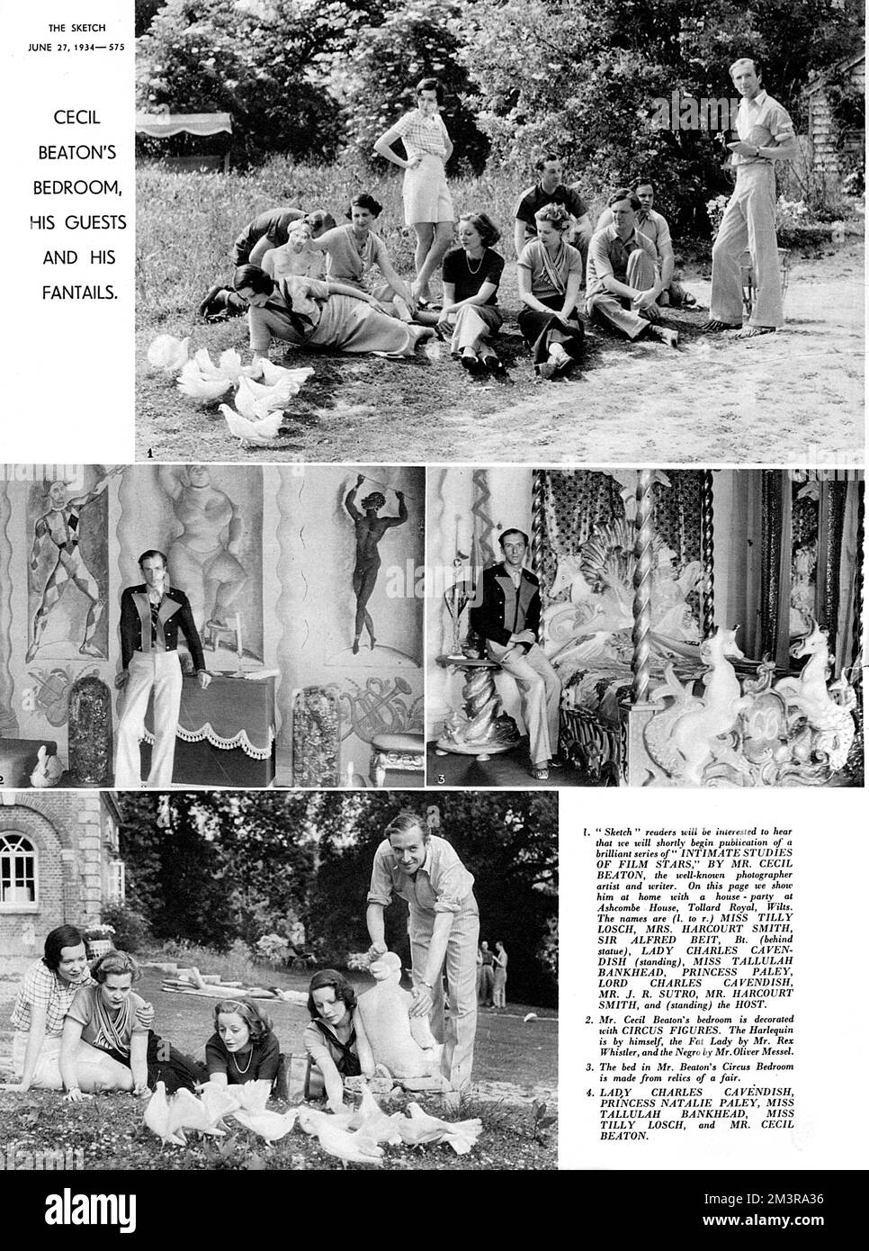 The top photograph shows Cecil Beaton at home with guests at Ashcombe House; from l-r: Miss Tilly Losch, Mrs Harcourt Smith, Sir Alfred Beit, Lady Charles Cavendish, Miss Tallulah Bankhead, Princess Paley, Lord Charles Cavendish, Mr J. R. Sutro, Mr Harcourt Smith and Cecil Beaton, the host. The middle two photographs show Beaton in his bedroom, surrounded by circus figures and next to his elaborate bed. The bottom photograph shows guests out in the garden- l-r: Lady Charles Cavendish. Princess Natalie Paley, Miss Tallulah Bankhead, Miss Tilly Losch and  Cecil Beaton himself.     Date: 1934 Stock Photo