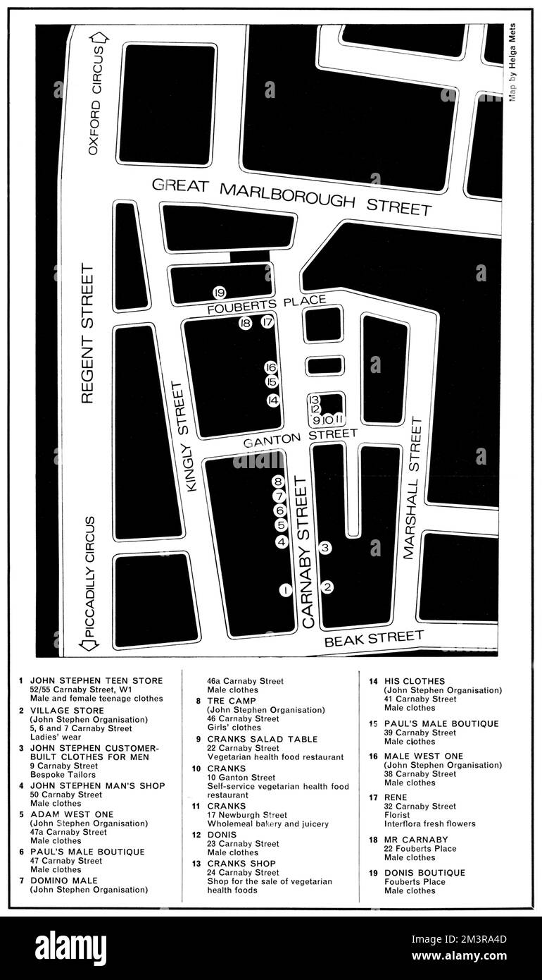 Map of Carnaby Street, fashionable centre of swinging sixties London, with a key showing the location of clothing boutiques and Cranks wholefood restaurants.     Date: 1966 Stock Photo
