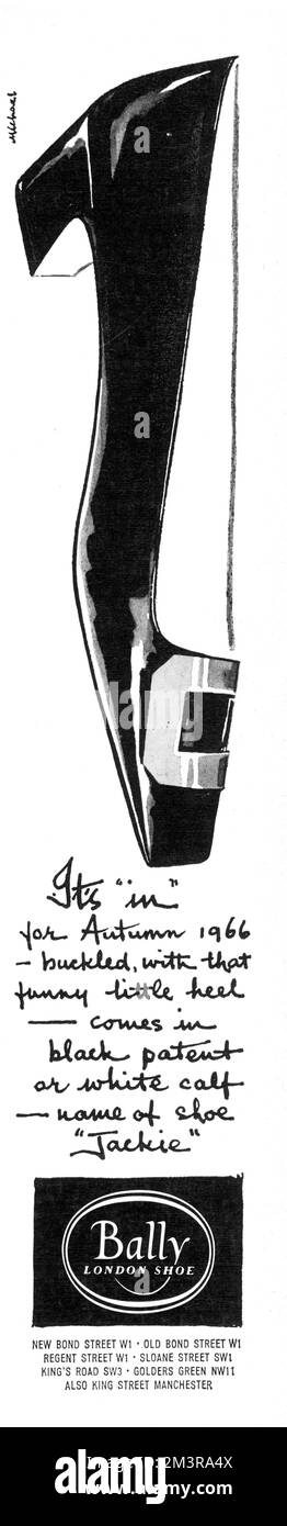 Advertisement for Bally Shoes with a new design for autumn 1966 featuring a low block heel and a buckle, available in black patent leather or white calf. The shoe was very similar to the iconic style designed by Roger Vivier and worn by Jackie Kennedy and other stylish figures of the sixties.  Unsurprisingly, this new model is called - Jackie.     Date: 1966 Stock Photo