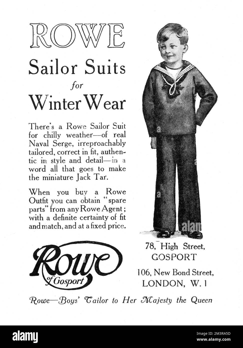 Advertisement for a boy's sailor suit for winter weather in real naval serge, 'irreproachably tailored, correct in fit, authentic in style and detail - in a word all that goes to make the miniature Jack Tar.'  Available from Rowe, Boys' Tailor to Her Majesty the Queen.       Date: 1919 Stock Photo