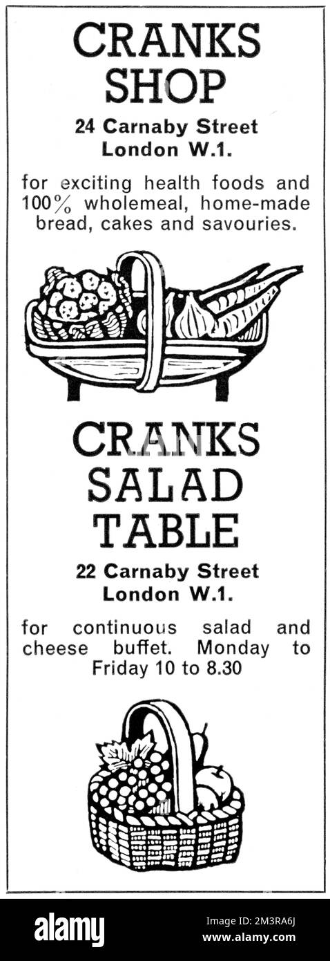 Advertisement for Cranks Shop and Crank Salad Table - part of a small chain of wholefood and vegetarian restaurants and cafes that started by Daphne Swann and David &amp; Kay Canter in  in London in 1961.  Cranks continued to be a successful business in the 1980s and published popular cook books.  At the time of writing, only one Cranks restaurant remains in the UK - in Totnes in Devon.         Date: 1966 Stock Photo