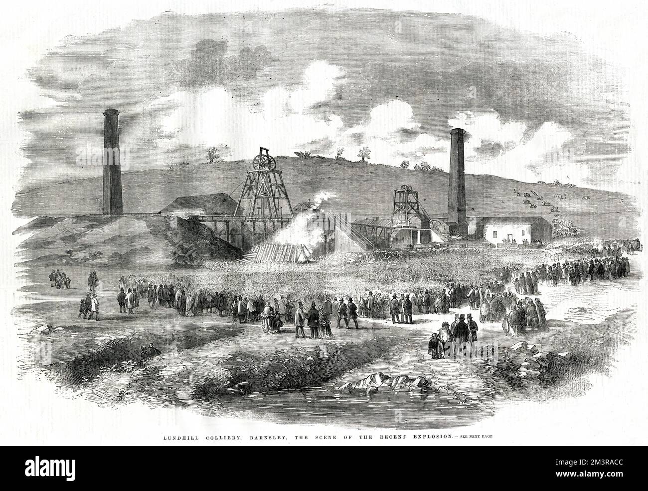 Lung Hill Colliery in Wombwell neighbourhood of Barnsley, South Yorkshire, shortly after the tragedy were 189 men and boys died from a explosion.     Date: February 1857 Stock Photo