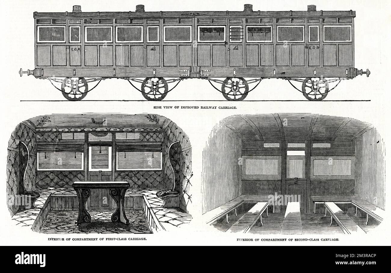Sketch to show the improved railway carriage, construction by Adam of Fair Fields Works, for the North Woolwich Branch, with interiors for the first and second class compartments.      Date: 1847 Stock Photo