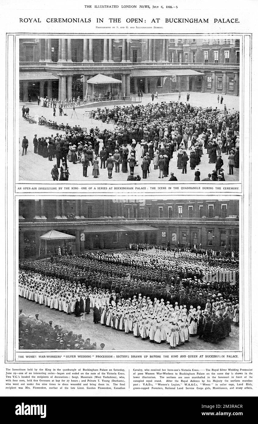 Royal ceremonials in the open: at Buckingham Palace. An open-air investiture by the king - one of a series at Buckingham Palace, the scene in the quadrangle during the ceremony (top). Two V.C.s headed the recipients of decorations: Sergeant Mountain (West Yorkshires) and Private T. Young (Durhams). Final recipient was Mrs Flowerdew, mother of late Lieutenant Gordon Flowerdew, Canadian Cavalry, who received the V.C. for him.  The Royal Silver Wedding Procession of 3000 Women War-workers to Buckingham Palace in shown below. After the address by the king, the sections marched past including V.A.D Stock Photo