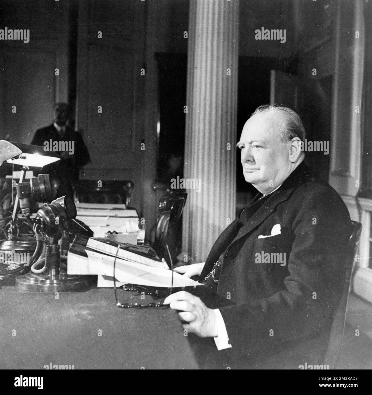 Winston Churchill VE Day Broadcast 1945.  Prime Minister Winston Churchill pictured making his broadcast to the nation at 3pm 8th May 1945.      Date: 1945 Stock Photo