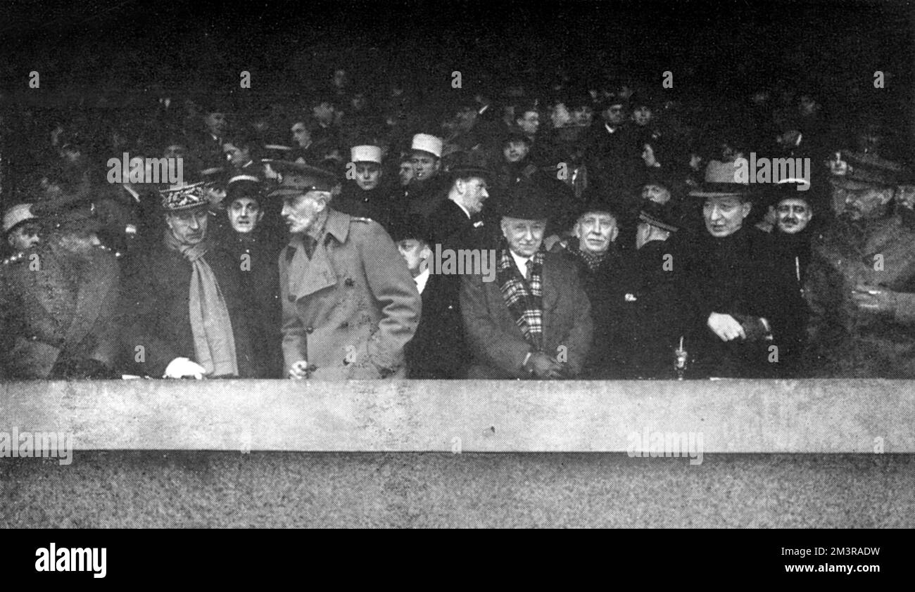 Distinguished visitors to the French Army v. British Army Football Match at the Park des Princes, Paris France.     From the left, Colonel A. M. Green, General Raymond Grandboulant, Colonel M. Graham, M. Jules Rimet, M. Delbos, Major General Whitehead.       Date: February 1940 Stock Photo