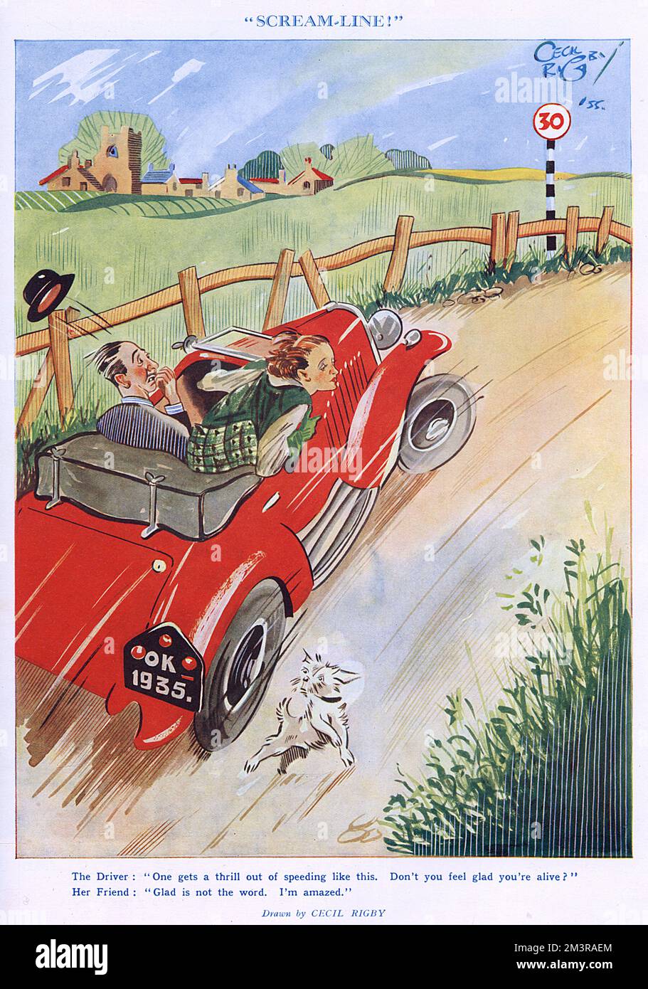 The Driver: One gets a thrill out of speeding like this.  Don't you feel glad to be alive?  Her Friend: Glad is not the word.  I'm amazed.    A passenger endures a terrifying car drive along a country road with his reckless lady friend.       Date: 1935 Stock Photo