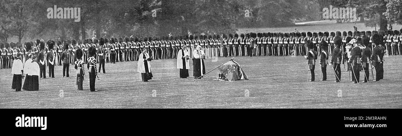 The Presentation of New Colours to the First Battalion of the Irish Guards, in the Grounds of Buckingham Palace: The Consecration by the Chaplain-General of the Forces and a Roman Catholic Chaplain.     Date: 1913 Stock Photo