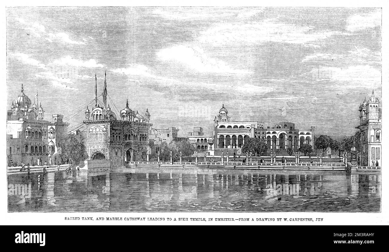 Sacred tank and marble causeway leading to the Golden Temple in Amritsar (or Umritzir as it is spelt here), in India; the centre of the Sikh religion.     Date: 1858 Stock Photo