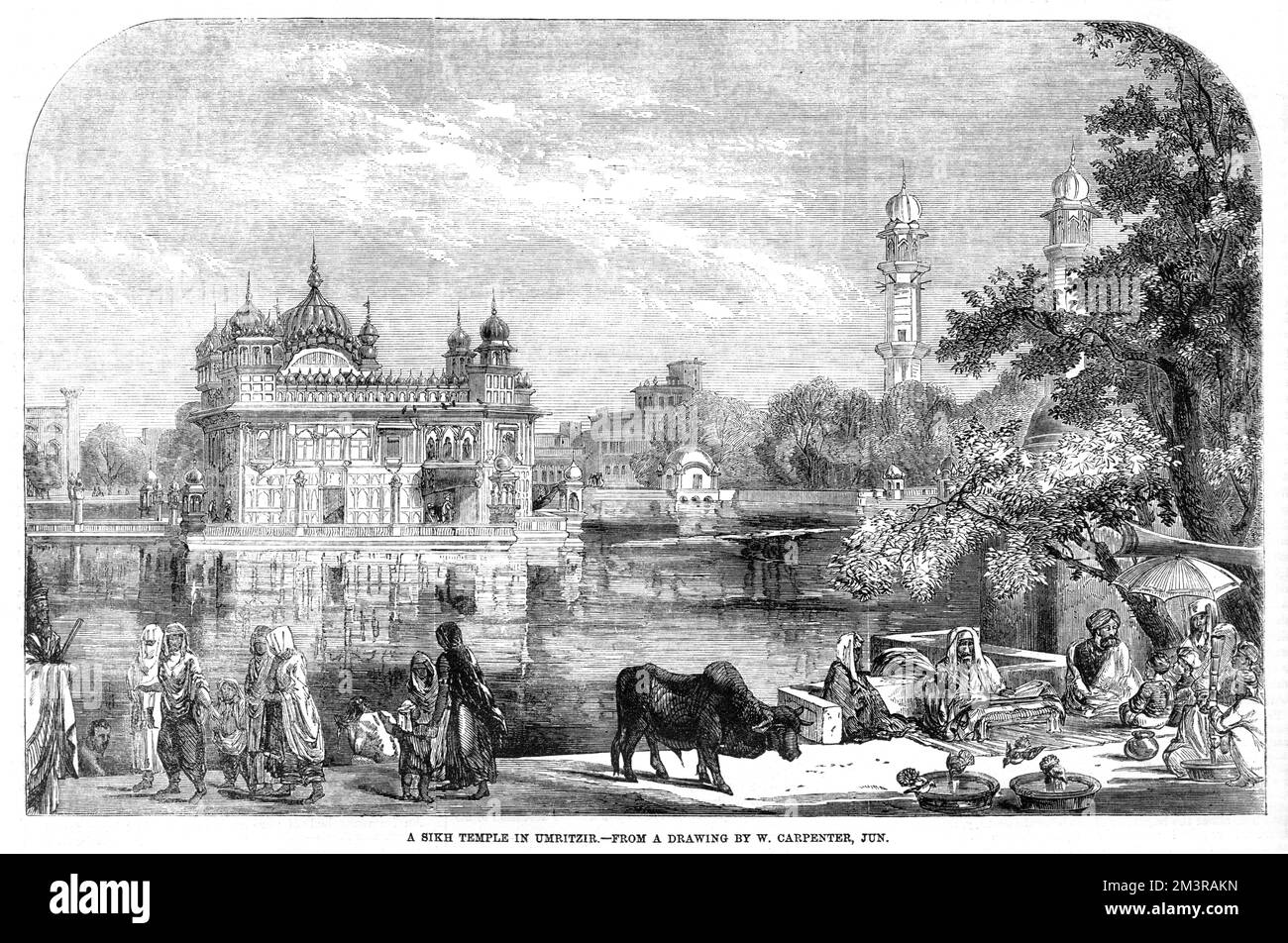 The Golden Temple in Amritsar (or as spelt here, Umritzir), in India, temple of the Sikhs, 1858.     Date: 1858 Stock Photo