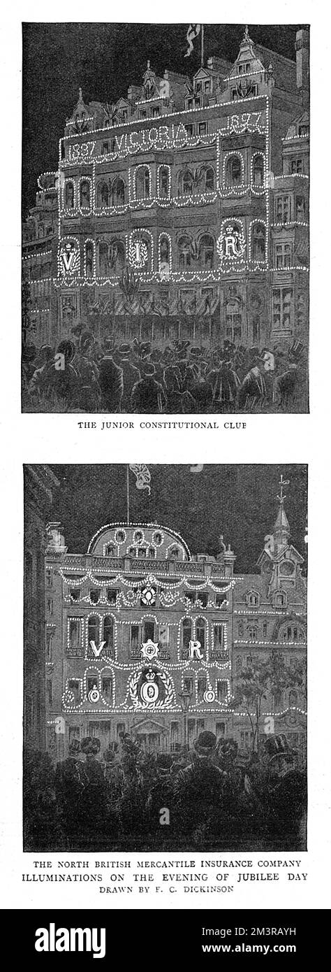 View of two illuminated buildings on the evening of Queen Victoria's Jubilee Celebrations, 20 June 1897.  The Junior Constitutional Club (above) and the North British Mercantile Insurance Company (below).      Date: 20 June 1897 Stock Photo