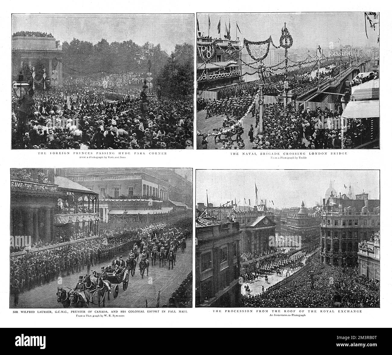 Four views of the procession during Queen Victoria's Jubilee Celebrations on 20 June 1897.  The foreign princes passing Hyde Park Corner (top left), the Naval Brigade crossing London Bridge (top right), Sir Wilfrid Laurier, Premier of Canada, and his colonial escort in Pall Mall (bottom left), and a view from the roof of the Royal Exchange (bottom right).     Date: 20 June 1897 Stock Photo