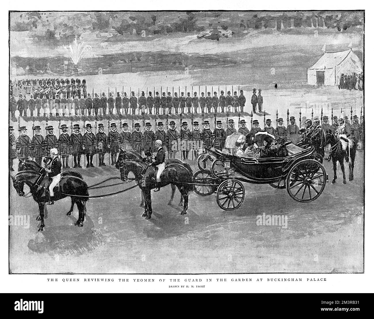 Queen Victoria in an open carriage during her Jubilee Celebrations on 20 June 1897, reviewing the Yeomen of the Guard in the garden at Buckingham Palace.      Date: 20 June 1897 Stock Photo