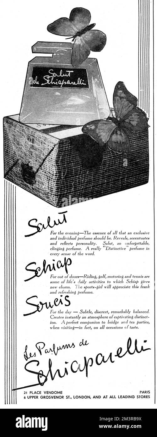 Advertisement for Salut de Schiaparelli, a perfume recommended for the evening, as the advert states: 'For the evening - The essence of all that an exclusive and individual perfume should be. Salut, and unforgettable, clinging perfume. A really &quot;Distinctive&quot; perfume in every sense of the word'.  1935 Stock Photo
